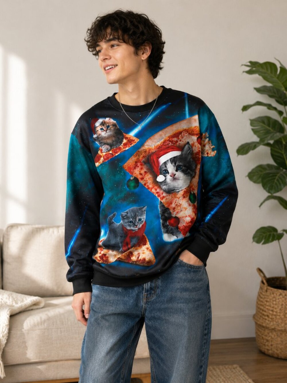 Crazy cat pizza Christmas sweatshirt